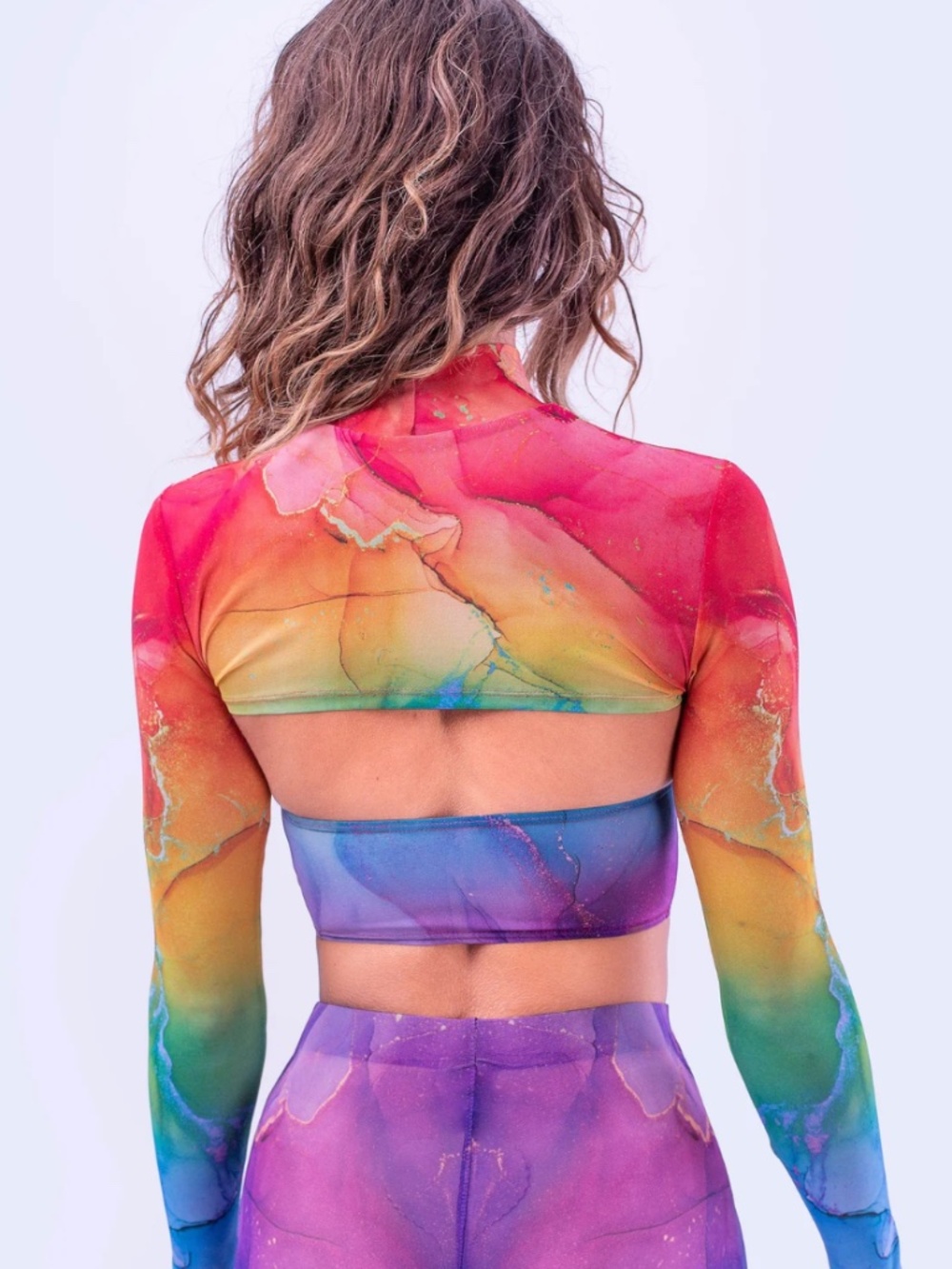 Badinka Rainbow Marble Mesh Set – Bell Bottom Pants + Crossed Sleeve Top-S - Picture 4 of 13